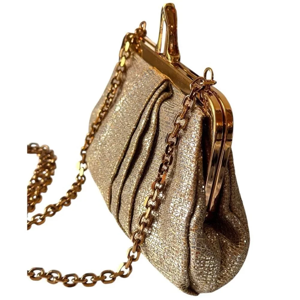 Christian Louboutin Gold Metallic Pleated Clutch Bag Sunburst Crown Frame Luxury